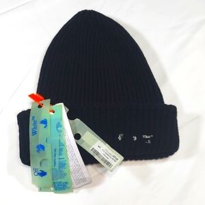 Off-White Black Ribbed Metal Decal Beanie with Tags